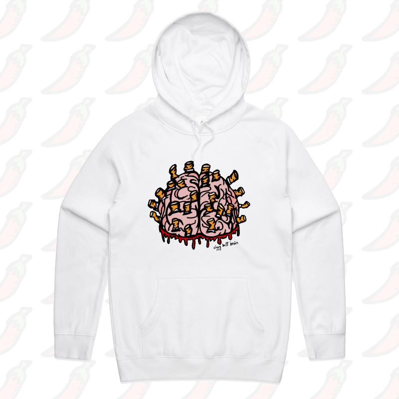 S / White / Large Front Print Ciggy Butt-Brain 🚬🧠 - Unisex Hoodie