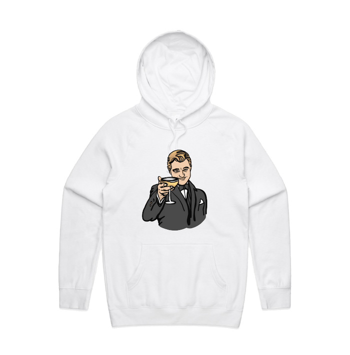 S / White / Large Front Print DiCaprio Gatsby Cheers 🍸 - Unisex Hoodie