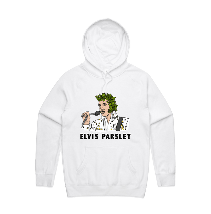 S / White / Large Front Print Elvis Parsley 🌿 - Unisex Hoodie