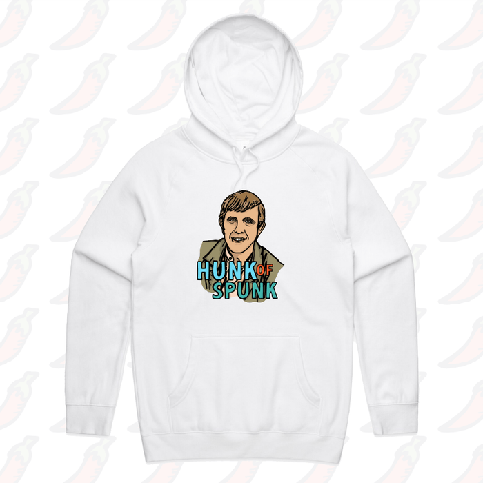 S / White / Large Front Print Hunk Of Spunk 👱- Unisex Hoodie