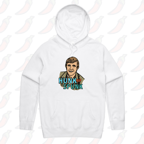S / White / Large Front Print Hunk Of Spunk 👱- Unisex Hoodie