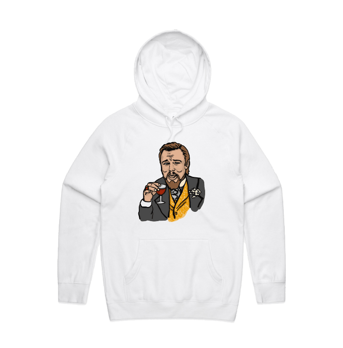 S / White / Large Front Print Laughing Leo 🍷 - Unisex Hoodie