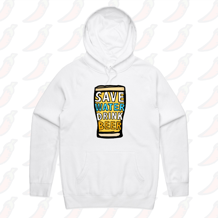 S / White / Large Front Print Save Water Drink Beer 🚱🍺 - Unisex Hoodie