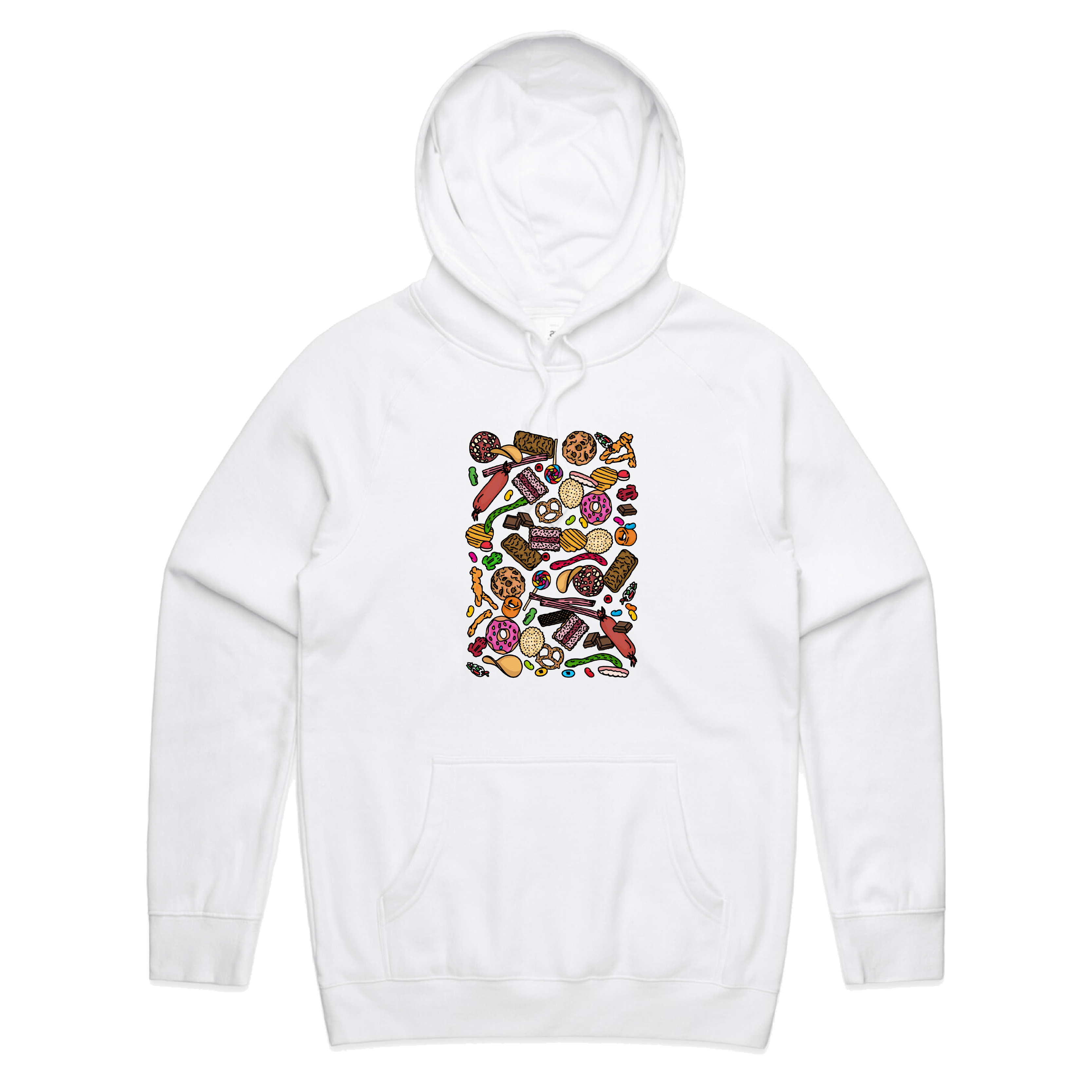 S / White / Large Front Print Snacks! 🍬🍪 - Unisex Hoodie