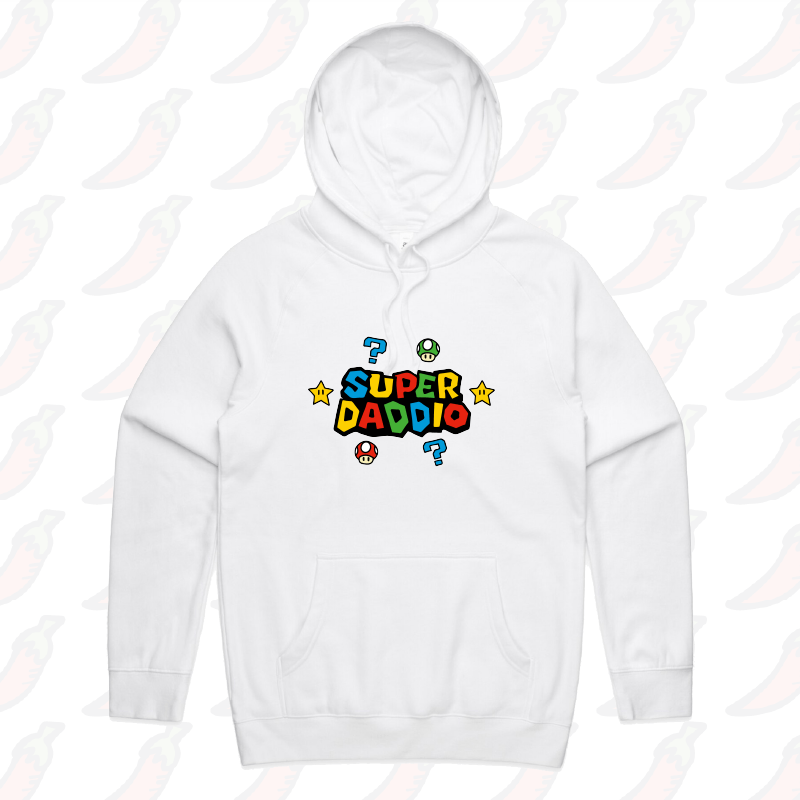 S / White / Large Front Print Super Daddio ⭐🍄 – Unisex Hoodie