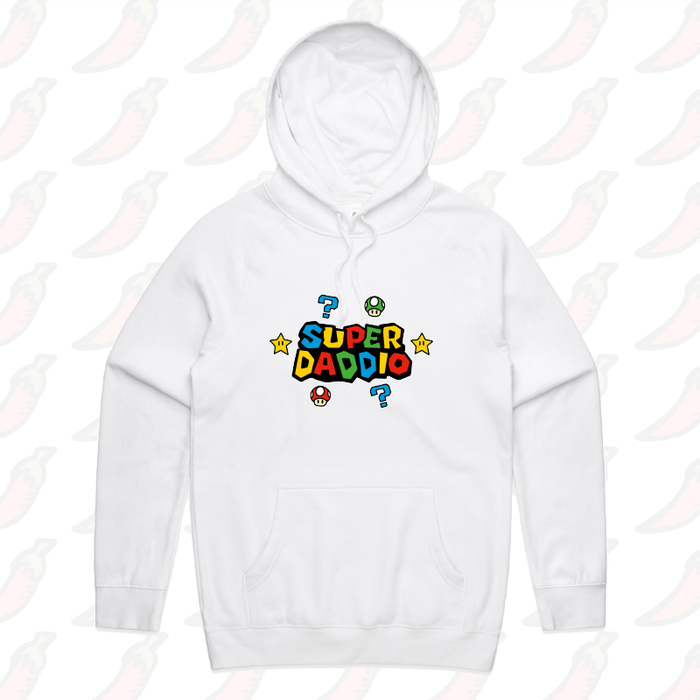 S / White / Large Front Print Super Daddio ⭐🍄 – Unisex Hoodie