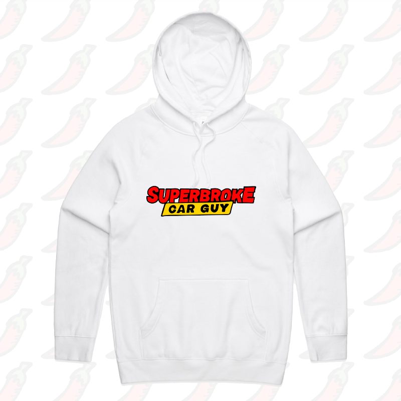 S / White / Large Front Print Superbroke Car guy 🚗💸 – Unisex Hoodie