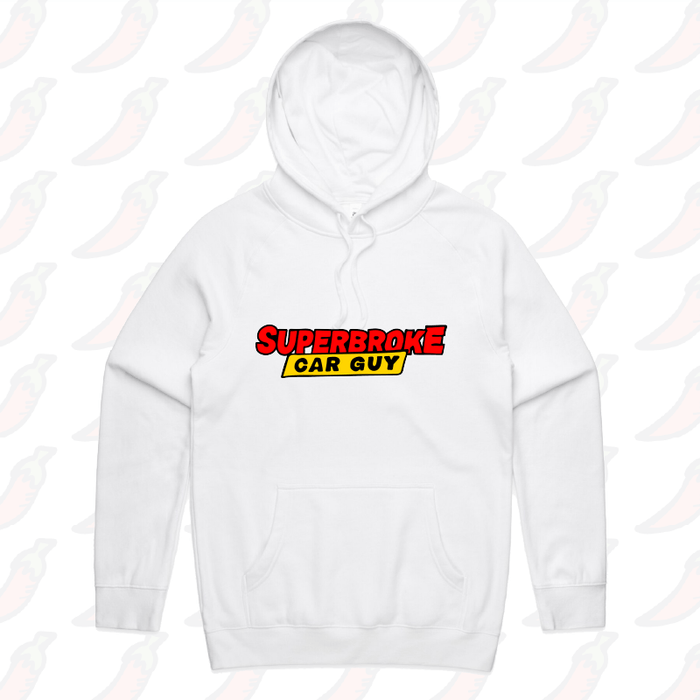 S / White / Large Front Print Superbroke Car guy 🚗💸 – Unisex Hoodie