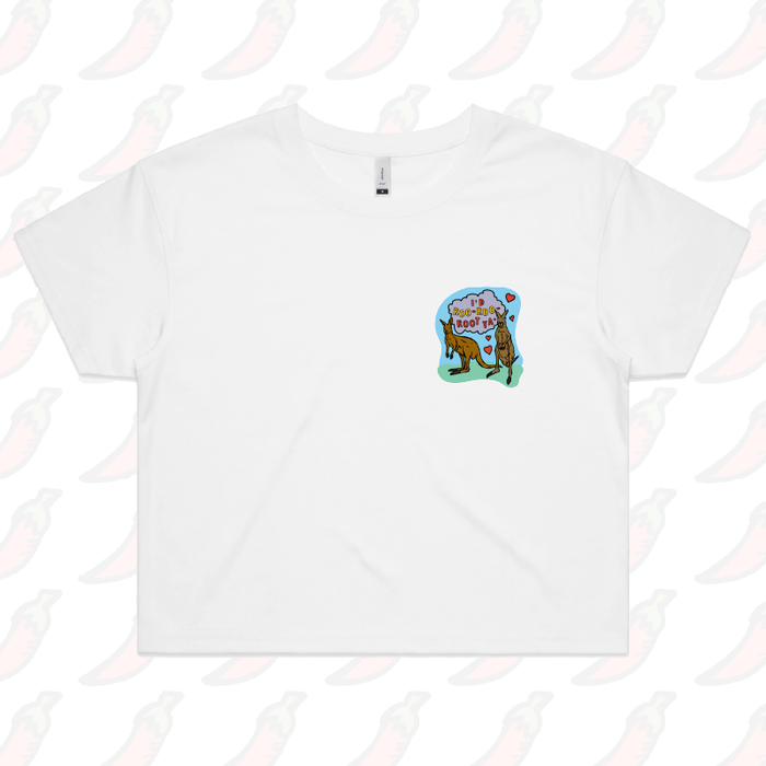 S / White Roo Roo Root Ya 🦘 – Women's Crop Top