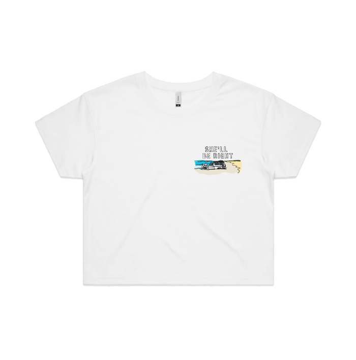 S / White SHE'LL BE RIGHT 🤷‍♂️ - Women's Crop Top