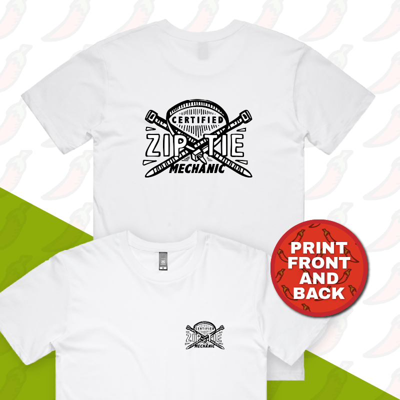 S / White / Small Front & Large Back Design Certified Ziptie Mechanic 🔧 – Men's T Shirt