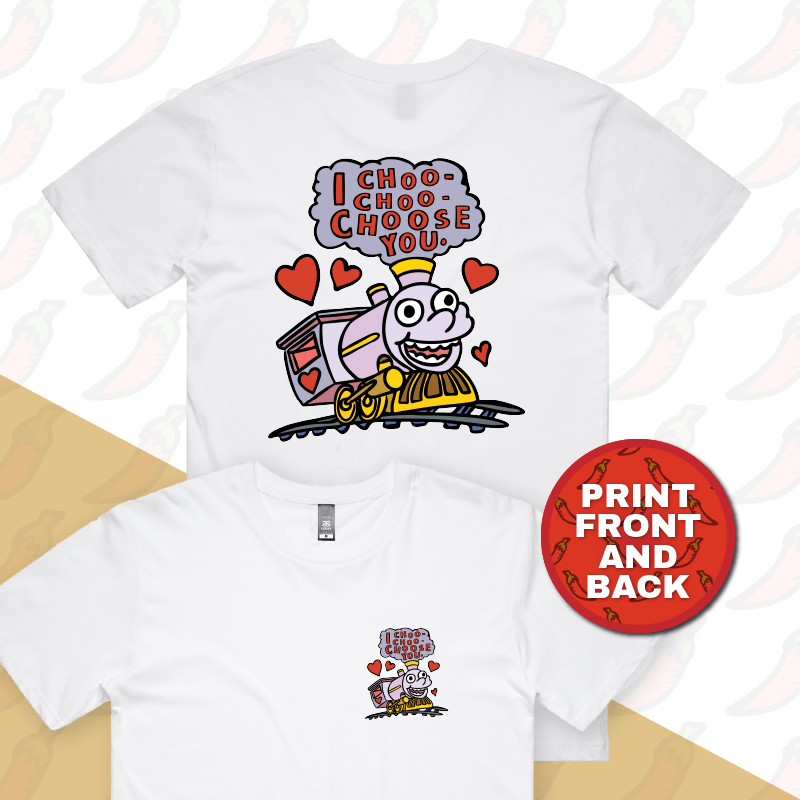 S / White / Small Front & Large Back Design Choo Choo Choose You 🚂- Men's T Shirt