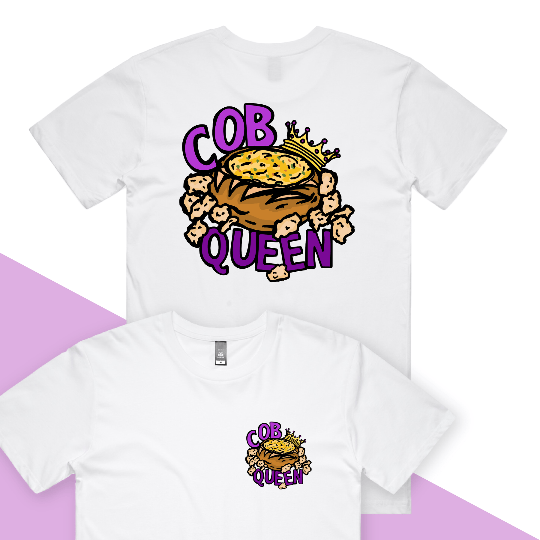 S / White / Small Front & Large Back Design Cob Queen 👑🍞 – Men's T Shirt