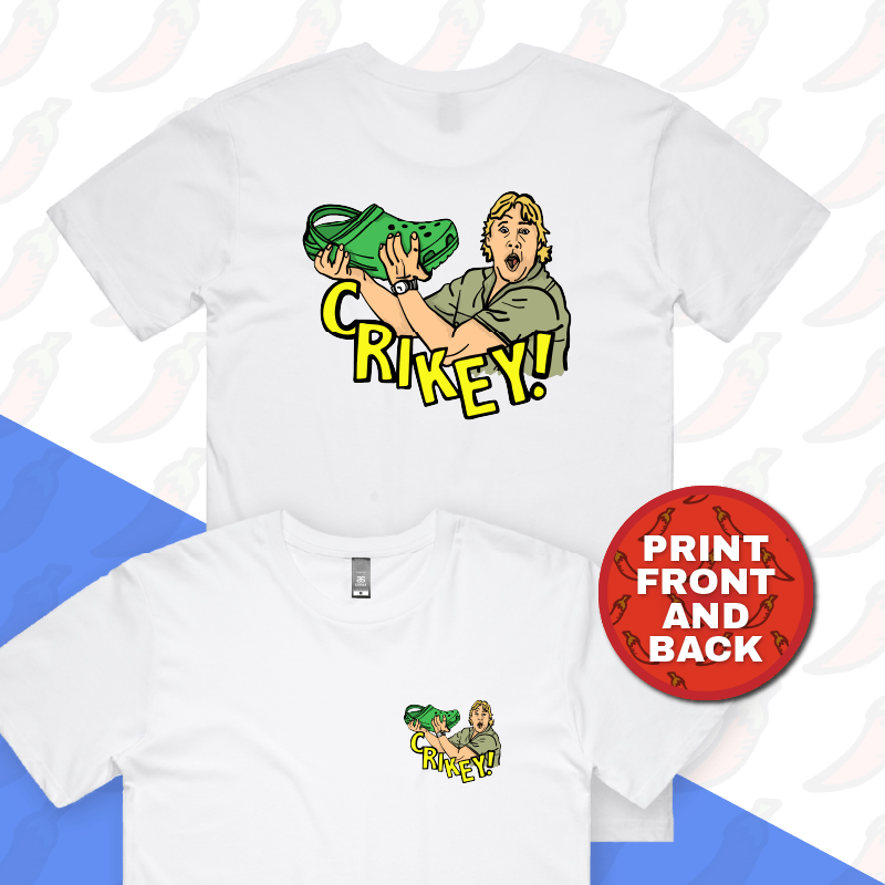 S / White / Small Front & Large Back Design Crikey! Croc Hunter 🐊 - Men's T Shirt