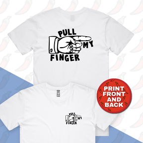 S / White / Small Front & Large Back Design Pull My Finger 👉 – Men's T Shirt