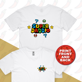 S / White / Small Front & Large Back Design Super Daddio ⭐🍄 – Men's T Shirt