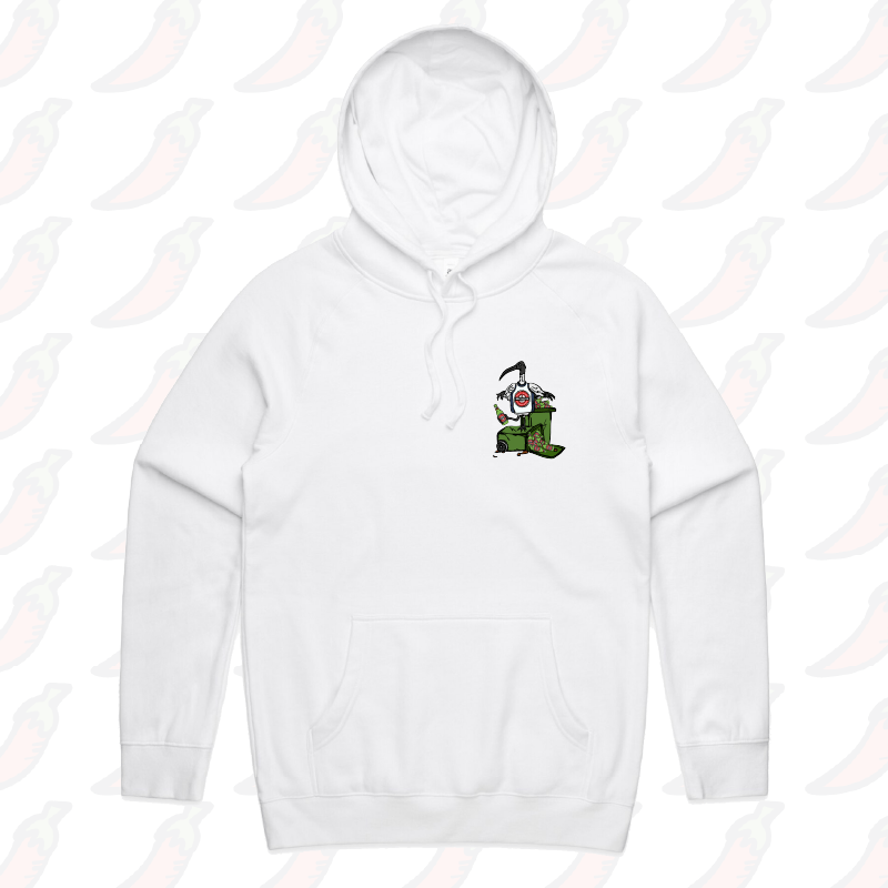 S / White / Small Front Print Bali Bin Chicken 🗑️ - Unisex Hoodie