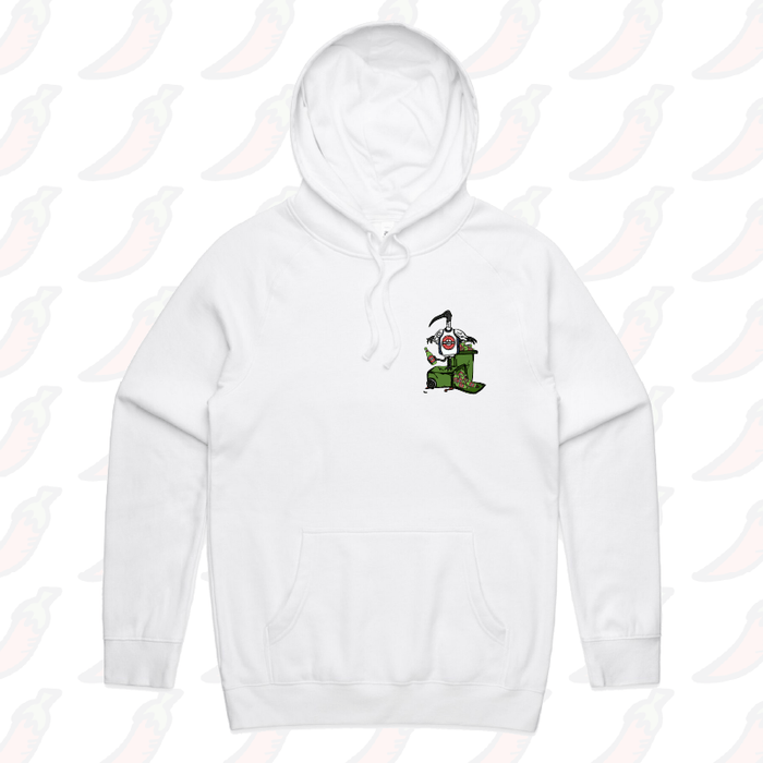 S / White / Small Front Print Bali Bin Chicken 🗑️ - Unisex Hoodie