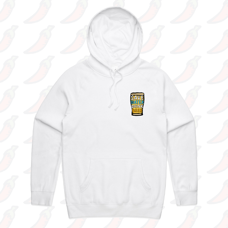 S / White / Small Front Print Save Water Drink Beer 🚱🍺 - Unisex Hoodie