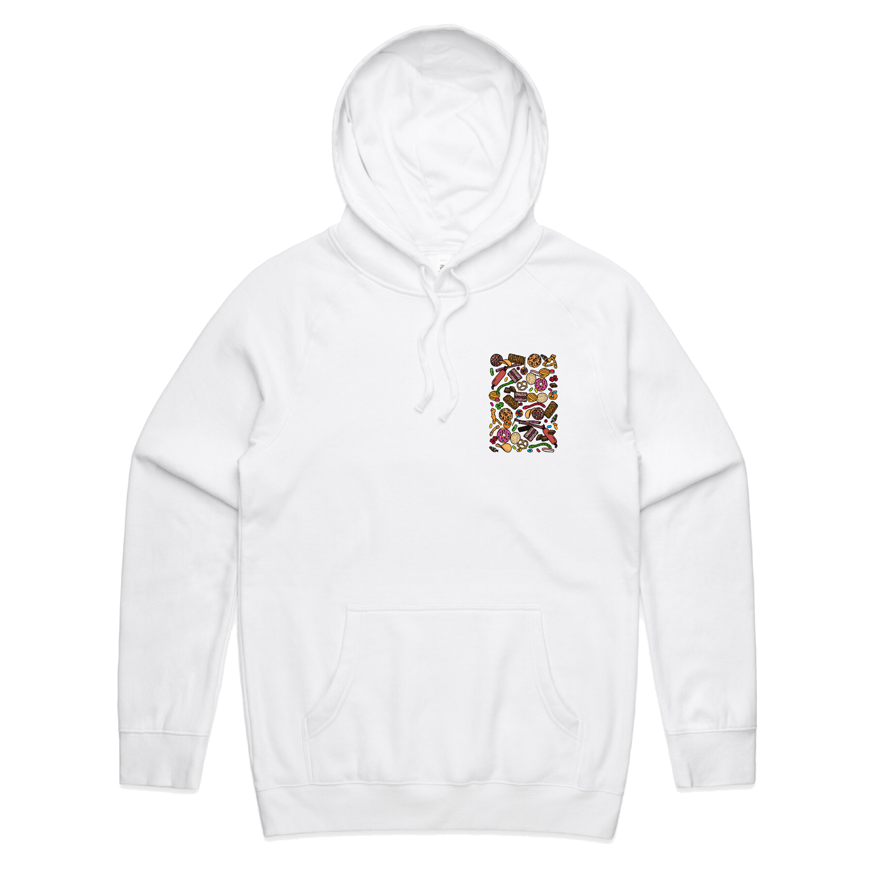 S / White / Small Front Print Snacks! 🍬🍪 - Unisex Hoodie