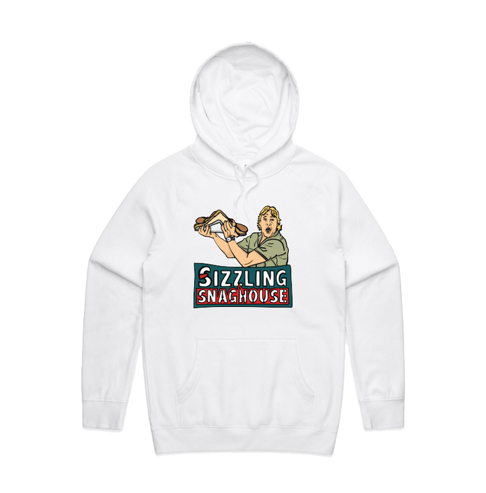 White / Large Front Print / S Steve's Snaghouse 🌭 - Unisex Hoodie