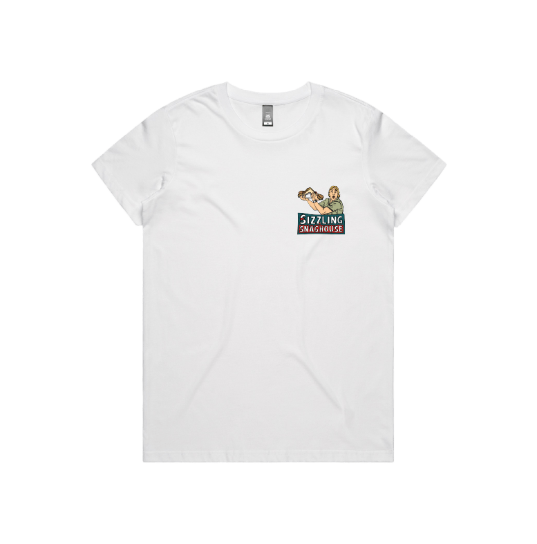 White / Small Front Design / XS Steve's Snaghouse 🌭 - Women's T Shirt