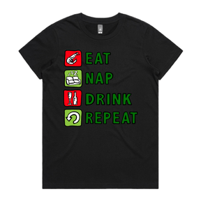 XS / Black / Large Front Design Eat Nap Drink Repeat 🦐💤 – Women's T Shirt
