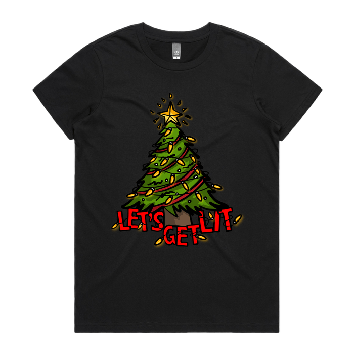 XS / Black / Large Front Design Let’s Get Lit 🎄💡 –  Women's T Shirt