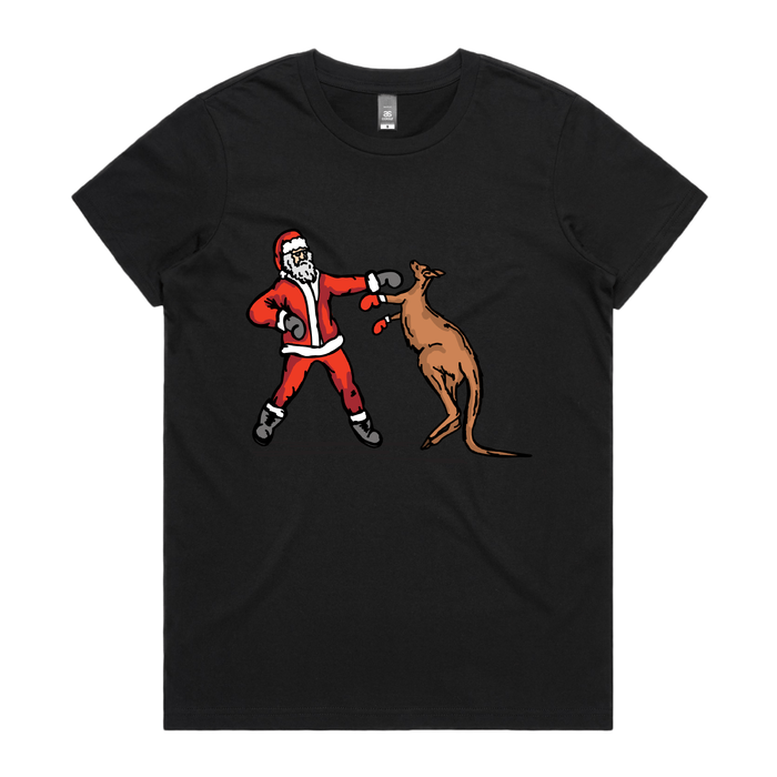 XS / Black / Large Front Design Santa Boxing Roo 🎅🥊🦘 – Women's T Shirt