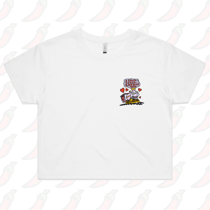 XS / White Choo Choo Choose You 🚂- Women's Crop Top