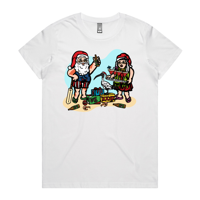 XS / White / Large Front Design Aussie Christmas 🍤🍺 - Women's T Shirt