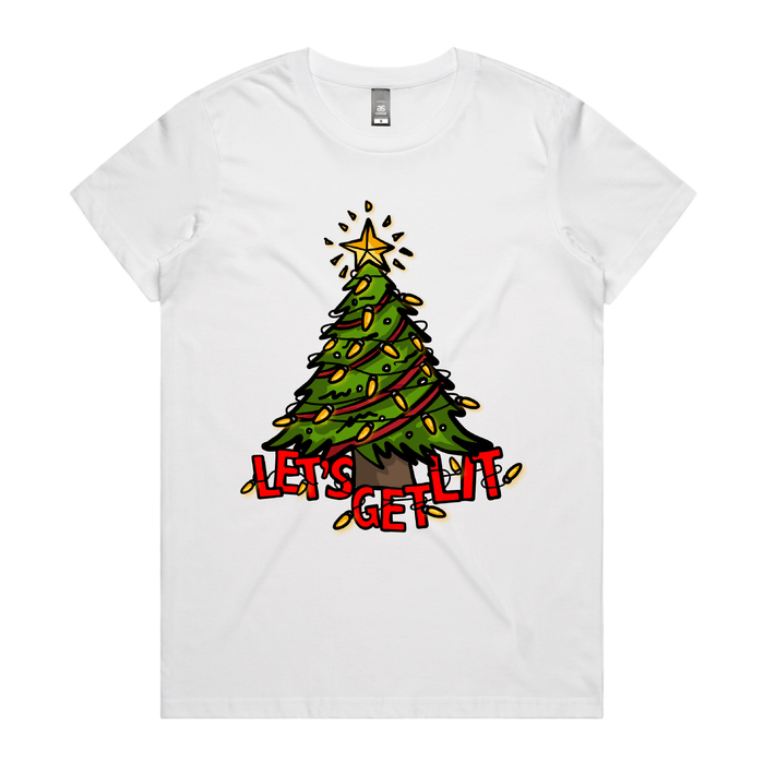 XS / White / Large Front Design Let’s Get Lit 🎄💡 –  Women's T Shirt