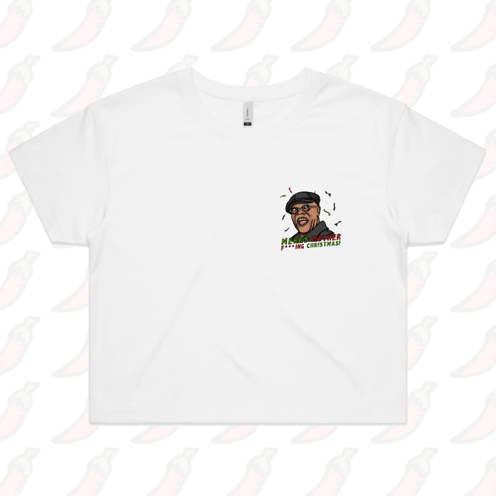 XS / White Merry Mother F**** Christmas 👨🏾‍🦲🎄- Women's Crop Top