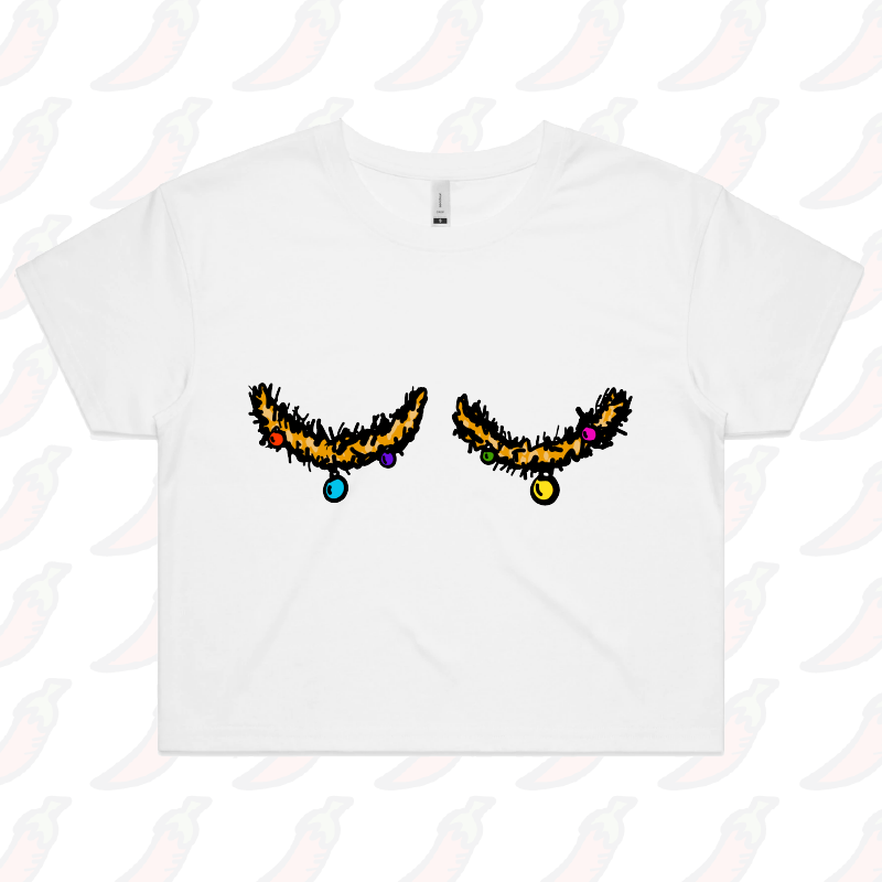 XS / White Tinsel Tits 🍈🍈🎄 - Women's Crop Top
