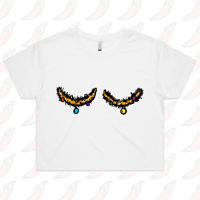 XS / White Tinsel Tits 🍈🍈🎄 - Women's Crop Top